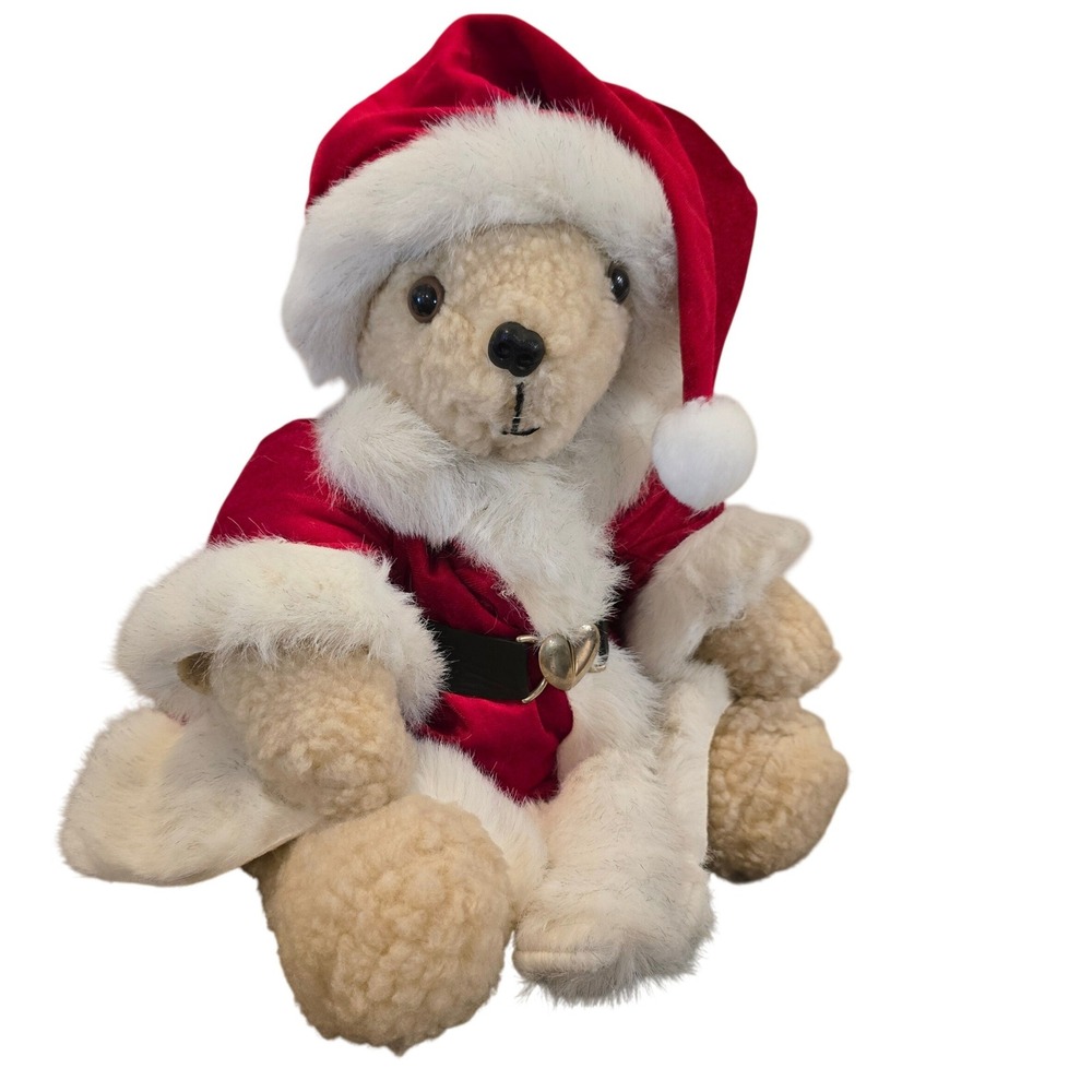 Vintage 90s Handmade Teddy Bear 20in Jointed Cream Plush Santa Outfit Christmas